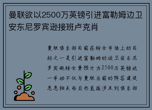 曼联欲以2500万英镑引进富勒姆边卫安东尼罗宾逊接班卢克肖