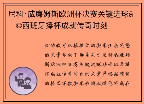 尼科·威廉姆斯欧洲杯决赛关键进球助西班牙捧杯成就传奇时刻